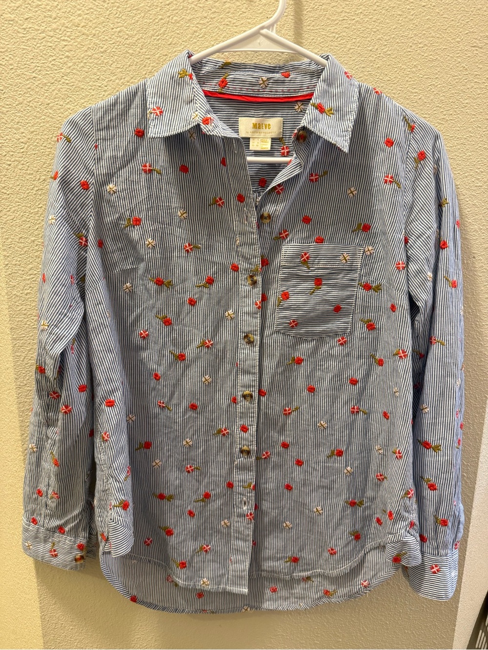 Anthropologie Blue and White Stripe Button-Down with Red Floral Embroidery